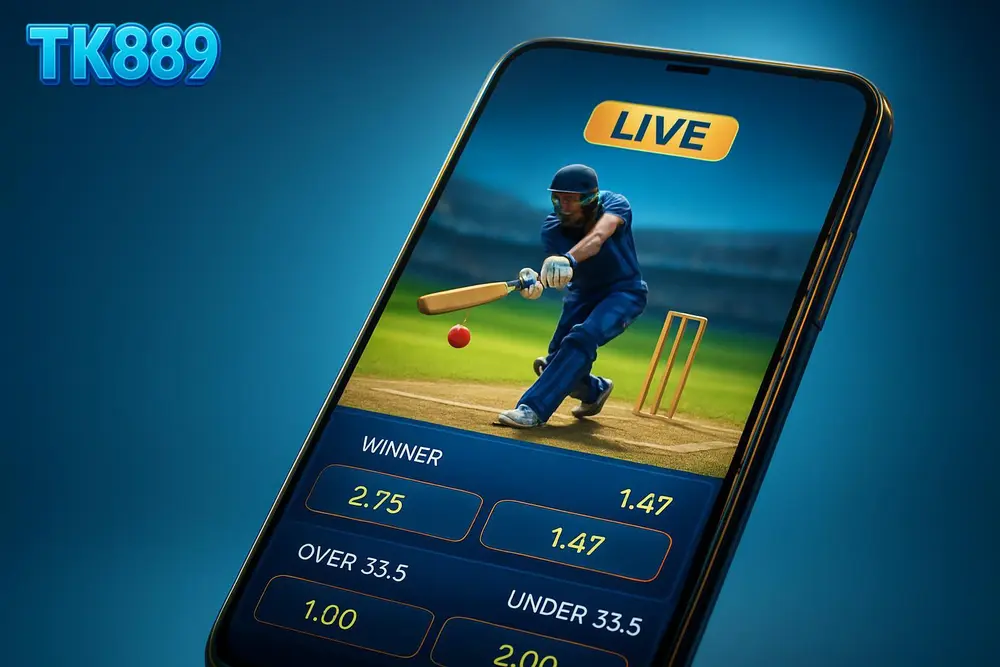 TK889 Cricket Betting — a smartphone showing a live cricket match score with betting options