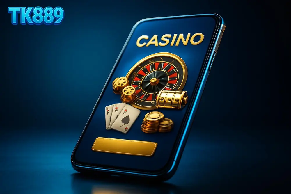 TK889 Bangladesh โ a glowing smartphone screen showing a colorful casino homepage in blue tones TK889 Bangladesh โ a glowing smartphone screen showing a colorful casino homepage in blue tones